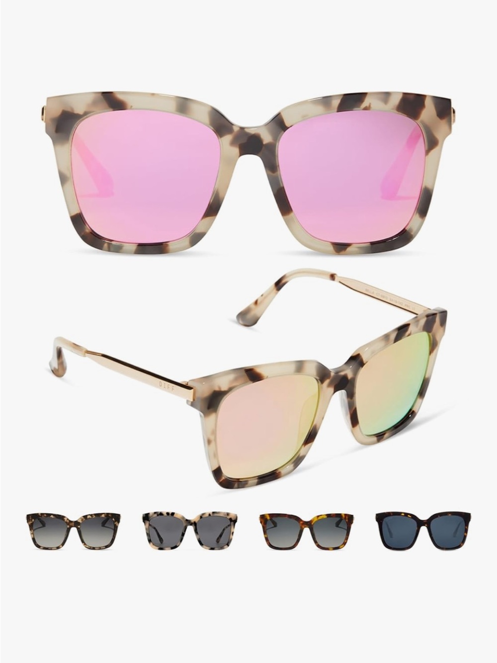 Diff Eyewear Tortoiseshell Frame Sunglasses with Pink Mirrored Lenses